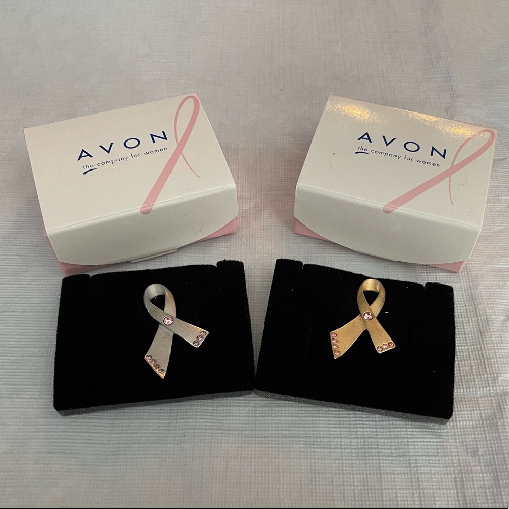 Avon 2000 Set of 2 Pink Ribbon Pins Goldtone, Silvertone, Pink Rhinestones NIB
